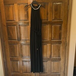NWT Betsey Johnson Jumpsuit Black Sleeveless Tie Pearl Beaded Flare Leg 14